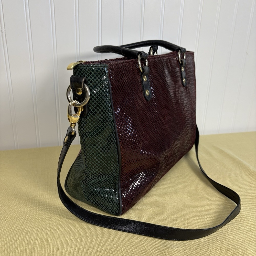 Vintage Due Fratelli Leather Purse Snakeskin Embossed Two Tone Burgundy & Green - Picture 5 of 14